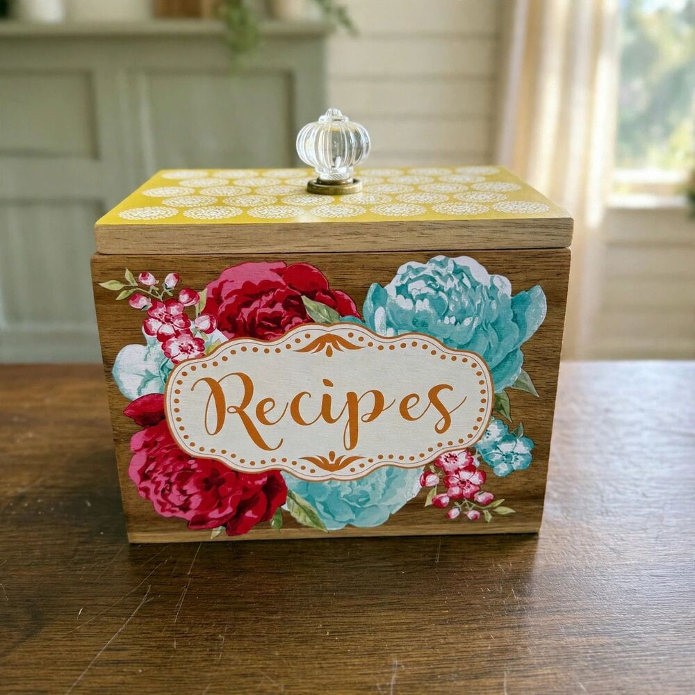 The Pioneer Woman Wood Recipe Box Blossom Jubilee Floral Glass Knob 6.2"